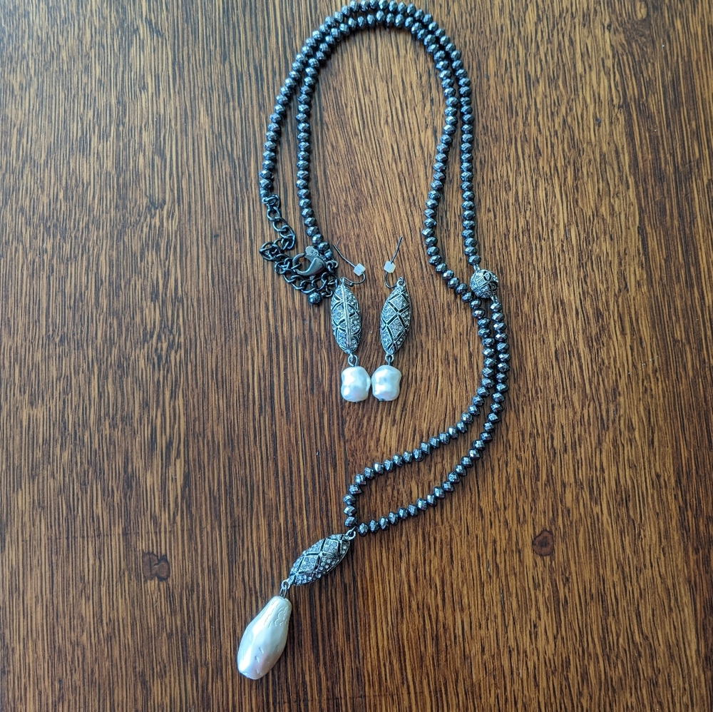 Chico's Beaded Mixed Metal Faux Pearl Necklace and Earring Set